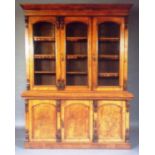 Victorian Pollard oak sectional bookcase with stepped cornice above three glazed cupboard doors with