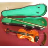 Cased small scale violin/fiddle & bow, with paper label for Palatino (back board 29cm) and a rest