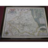 Framed and mounted John Speed coloured map of The Bishoprick and Citie of Durham (58cm x 46cm)