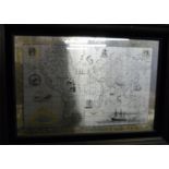 Framed and mounted Royal Geographical Society silver hallmarked map with various engraved detail (