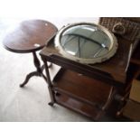 Late 19th C mahogany circular top occasional table, a three tier trolley and a 1930s convex wall