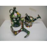 Selection of Bargeware painted metalwork including watering can, shoe last and oil can (3)