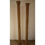 Large barley twist and carved hard wood column with turned base and cap (189cm) and another