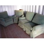 Three piece suite comprising of two seat sofa and a pair of matching armchairs, with removable