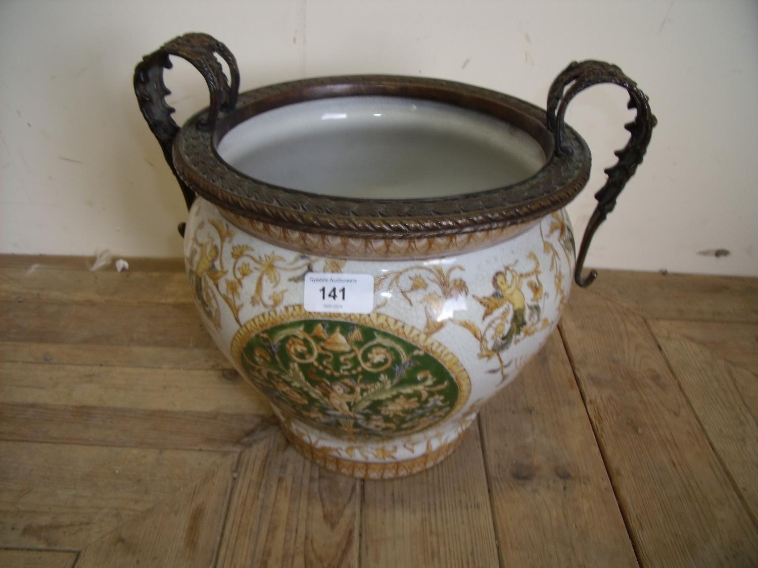Large continental Rococo style hand painted planter with cast metal mounts & handles (35cm width)