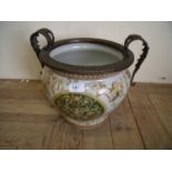 Large continental Rococo style hand painted planter with cast metal mounts & handles (35cm width)