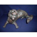 19th/20th C large Japanese carved root carving in the form of a tiger with inset glass eyes (30cm