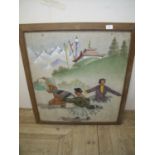 Large framed Tibetan style wool work panel depicting various dancing figures (73cm x 80cm