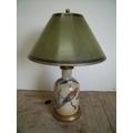 Large antique style table lamp decorated with parrots and insects (overall height 85cm)