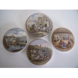 Four assorted pot lids with various scenes including Shakespeare's birth room, Shakespeare's