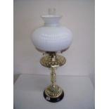 19th/20th C Arts & Crafts style brass oil lamp with opaque glass shade (68cm high)
