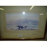Framed and mounted signed David Shepherd print of rhinos in mountainous landscape scene (46cm x 33cm