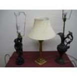 Group of table lamps including brass, Corinthian column, carved Chinese hardwood and a cast metal