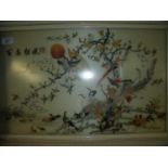 Framed and mounted embroidered Japanese silk work panel depicting various birds & foliage and