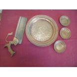 Vintage English made hand saw, a Indo-Persian copper tray and three smaller trays (5)