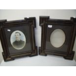 Pair of ornate late Victorian pictures frames with oval picture mounts, one with portrait prints (