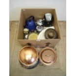 Le Creuset kettle, pair of brass tazzers, cast metal nut cracker, copper pan and other kitchenalia