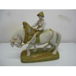 Large Royal Dux figure of a boy riding heavy horse with harness collar, the base with painted and