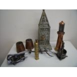 Box containing brass and cooper ware, a lantern in the form of a lighthouse, kitchen squeezer,