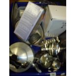 Large selection of kitchenware including a casserole dish, ramekins, stainless steel tea service etc