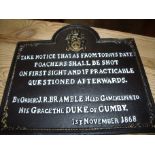 Reproduction cast metal sign 'Take Notice That As From Todays Date Poachers Shall Be Shot On First