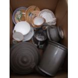 Pewter tankard, Sheffield pewter three piece tea service, various ceramics etc in one box