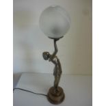 Decorative bronze effect early 20th C style lamp in the form of a lady holding a globe (65cm high)