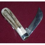 Sheffield made 2 1/2 inch bladed folding pruning knife with two piece antler grips