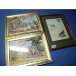 Framed and mounted hand coloured peregrine falcon artwork and two framed comedy shooting prints (3)