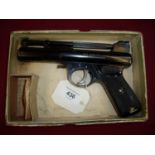 The Webley MKI .177 air pistol circa 1958 with rifle barrel batch number 501, the box with Webley