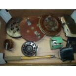 Selection of fishing reels including Scarborough type reel, wooden reels, fly wallets, a Modernite