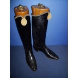 Pair of Yeomanry Hussars black leather boots with V shaped fronts mounted with gilt knot & braided