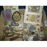 Selection of various military cap badges, mostly British including stay bright, some cloth arm