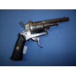 Small Belgium six shot pin fire revolver with 3 inch octagonal barrel, the cylinder stamped with