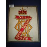 Embroidered 18th Hussars crest (18.5cm x 22.5cm)