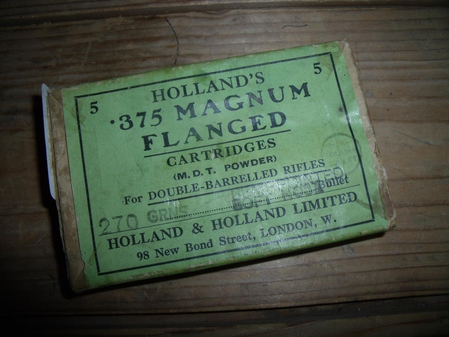 Original cased and unsealed box of 5 Hollands .375 Magnum flanged cartridges for double barrelled