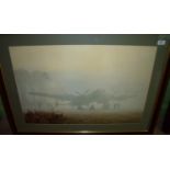 Large framed and mounted Coulson British WWII Bomber plane within mist (97cm x 72cm including frame)