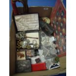 Box of militaria including reproduction military bugle a WWI mauser bayonet frog, various regimental