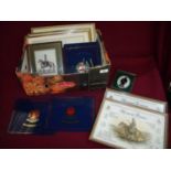 Box of various military related pictures, prints, regimental crested table mats etc