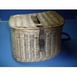 Vintage wicker fishing basket with leather strap work