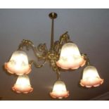 Pair of brass five branch centre light fittings with shades