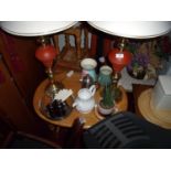 Selection of small items including table lamps, crockery, onyx lamp, vases etc