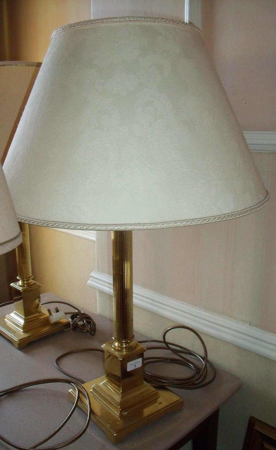 Pair of brass Corinthian column table lamps