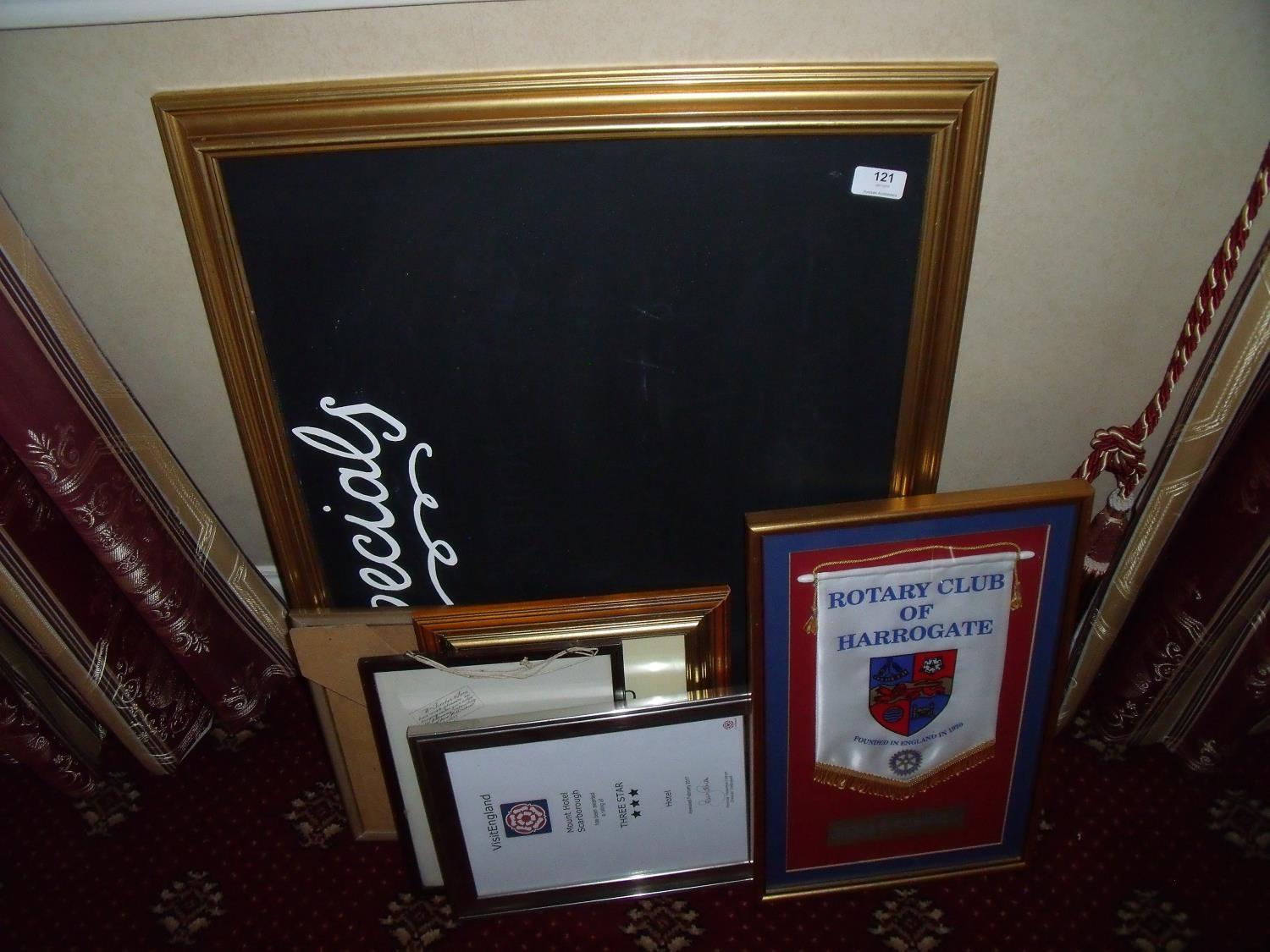 Black board, various notice boards, framed notices, a framed & mounted Rotary Club of Harrogate