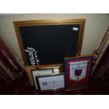 Black board, various notice boards, framed notices, a framed & mounted Rotary Club of Harrogate