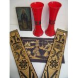 Pair of 1970s style red & black glass vases, a painted Russian style icon, carved wood tribal