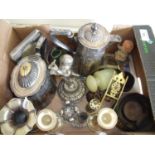 Selection of various plated ware, tea pots, vases, brassware, miners lamps and weights