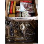 Brass letter rack, silver plated tea set, other metal ware and a collection of vintage tins in two