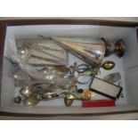 Selection of various plated cutlery, egg cups, pocket knives, two silver hallmarked teaspoons,