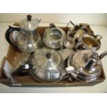 Four piece Sheffield pewter tea service, a silver plated three piece tea service, silver
